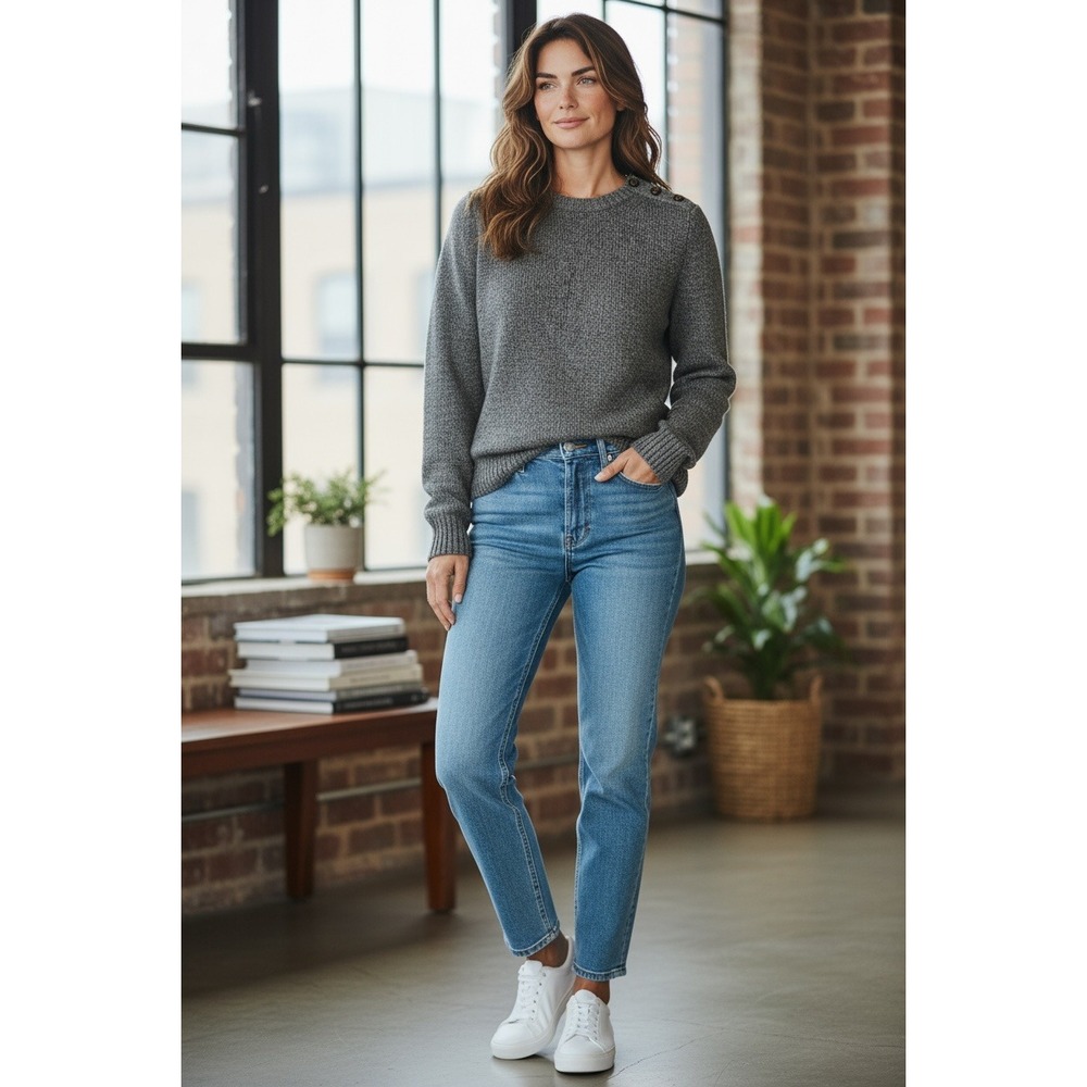 J.Crew Women's M Cashmere Blend‎ Button‑Shoulder Crew Grey Sweater